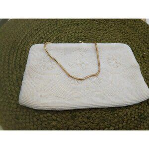 Vintage White Beaded Clutch Purse With Gold Chain & Satin Lining Made in Japan